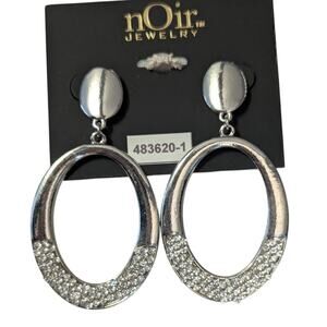 nOir Oval Mottled Silver Rhinestone Hoop Earrings
